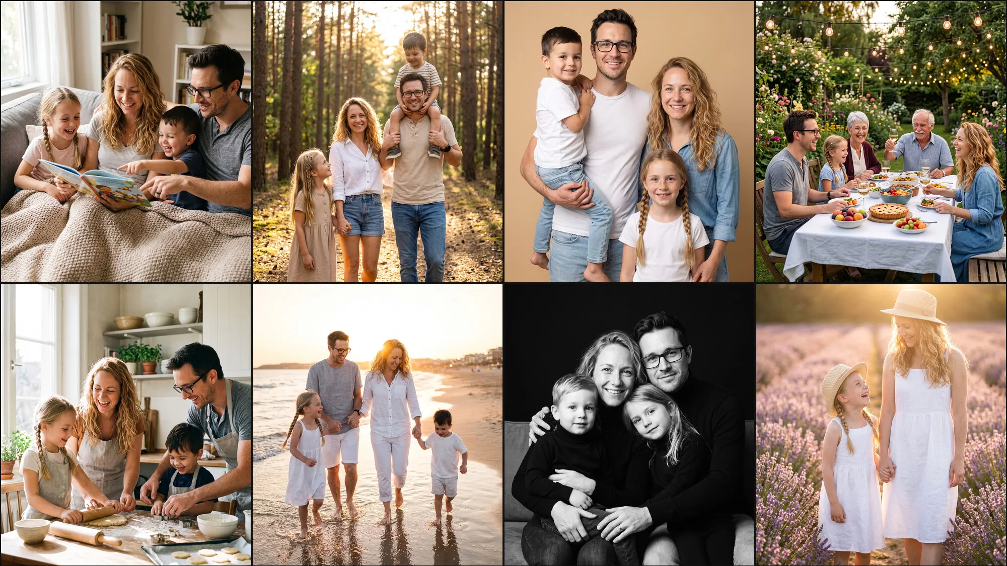 Huit photos d’une même famille : lecture sur le canapé, pâtisserie dans la cuisine, balade dans une pinède, course au bord de l’eau, portrait en studio, portrait en noir et blanc, dîner de trois générations dans un jardin, mère et fille dans un champ de lavande
