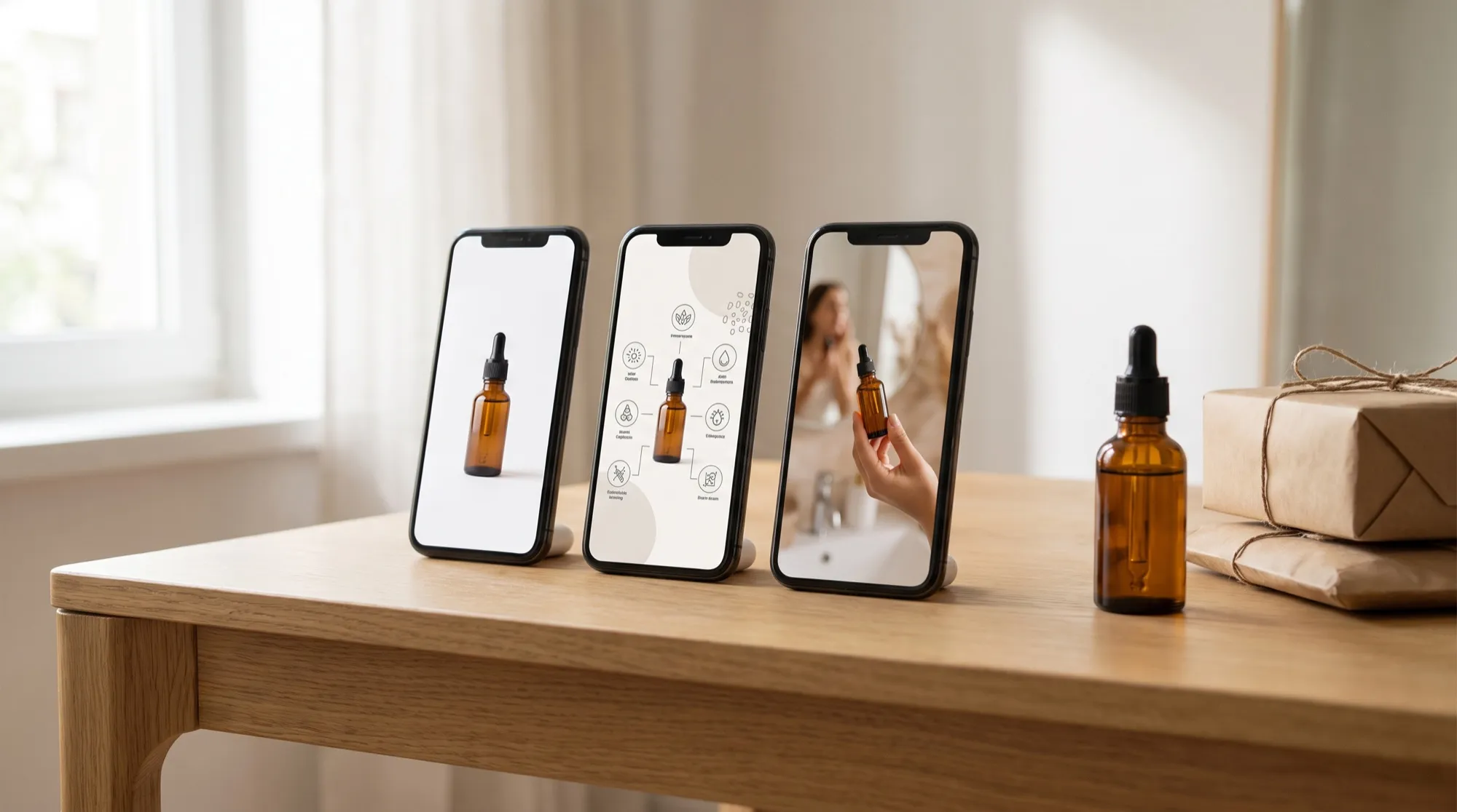 Trois smartphones sur un bureau en bois affichent des fiches d'un flacon de sérum : photo studio, infographie et photo avec une femme