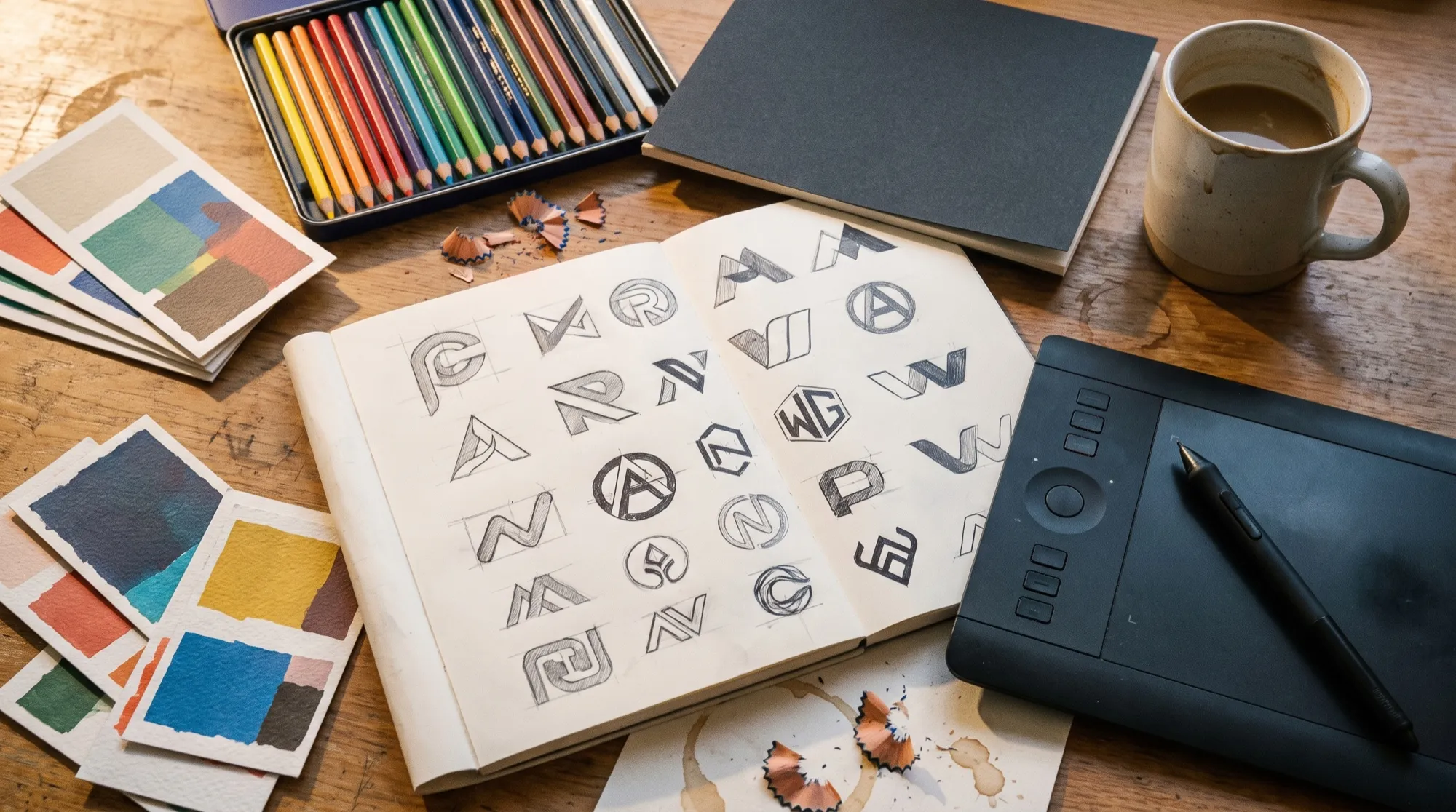 Le bureau d’un graphiste : carnet de croquis de logos, crayons de couleur, tablette graphique, nuancier et café