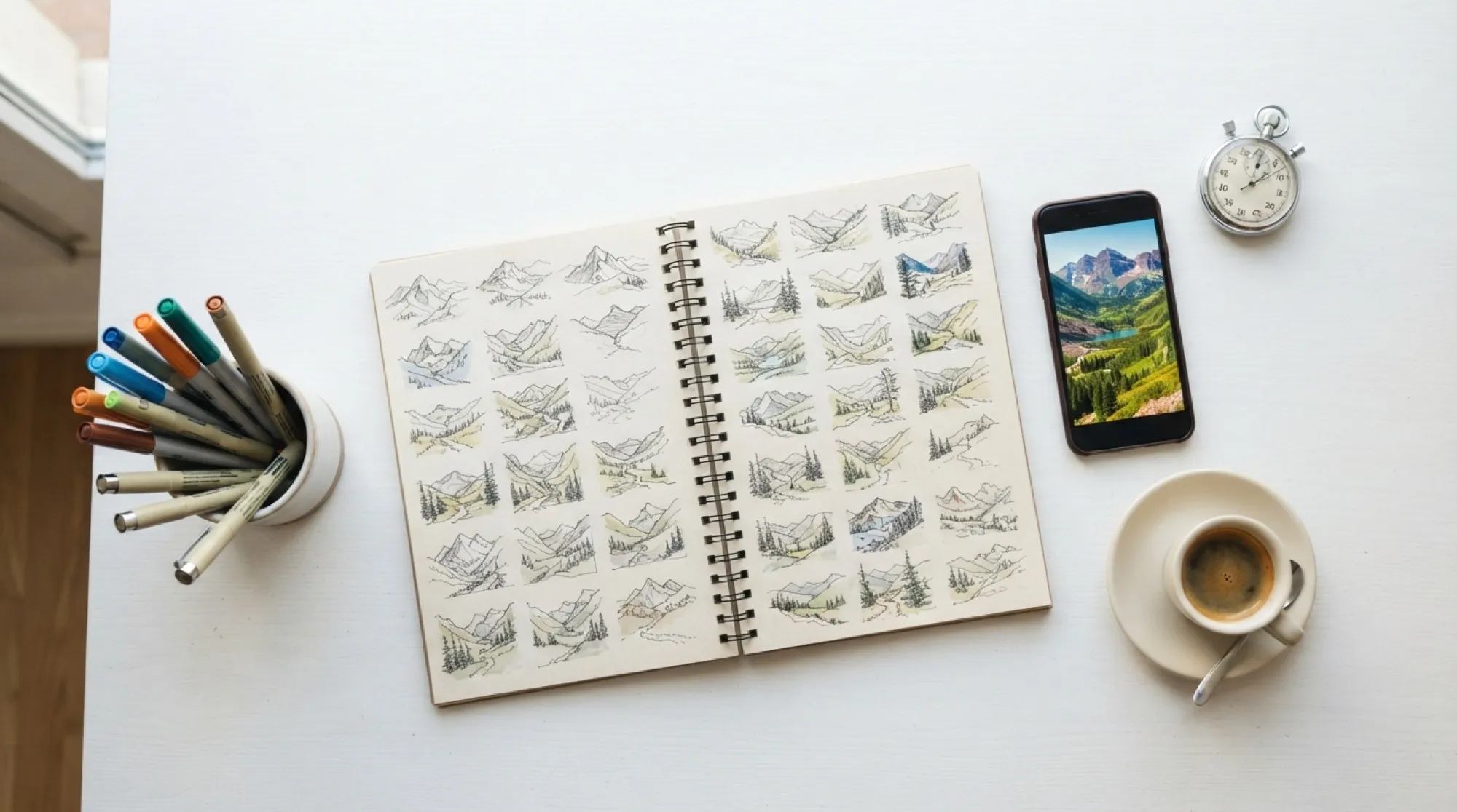Un bureau blanc vu de dessus : un carnet de croquis avec des miniatures de paysages de montagne, un smartphone affichant un paysage en couleur, un chronomètre, des feutres et un espresso