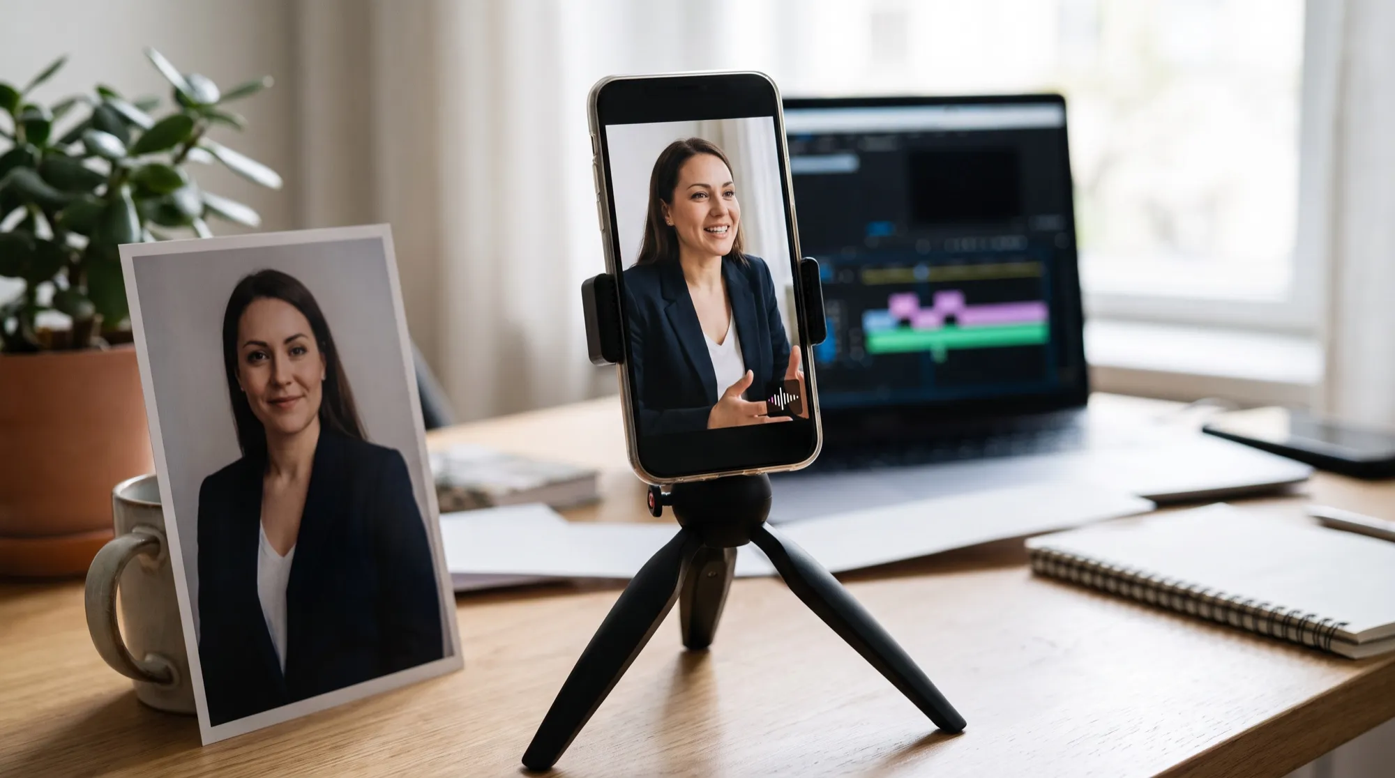 Un smartphone sur un trépied affiche une vidéo verticale d'une femme qui parle, à côté d'un portrait imprimé de la même femme et d'un ordinateur avec une timeline de montage