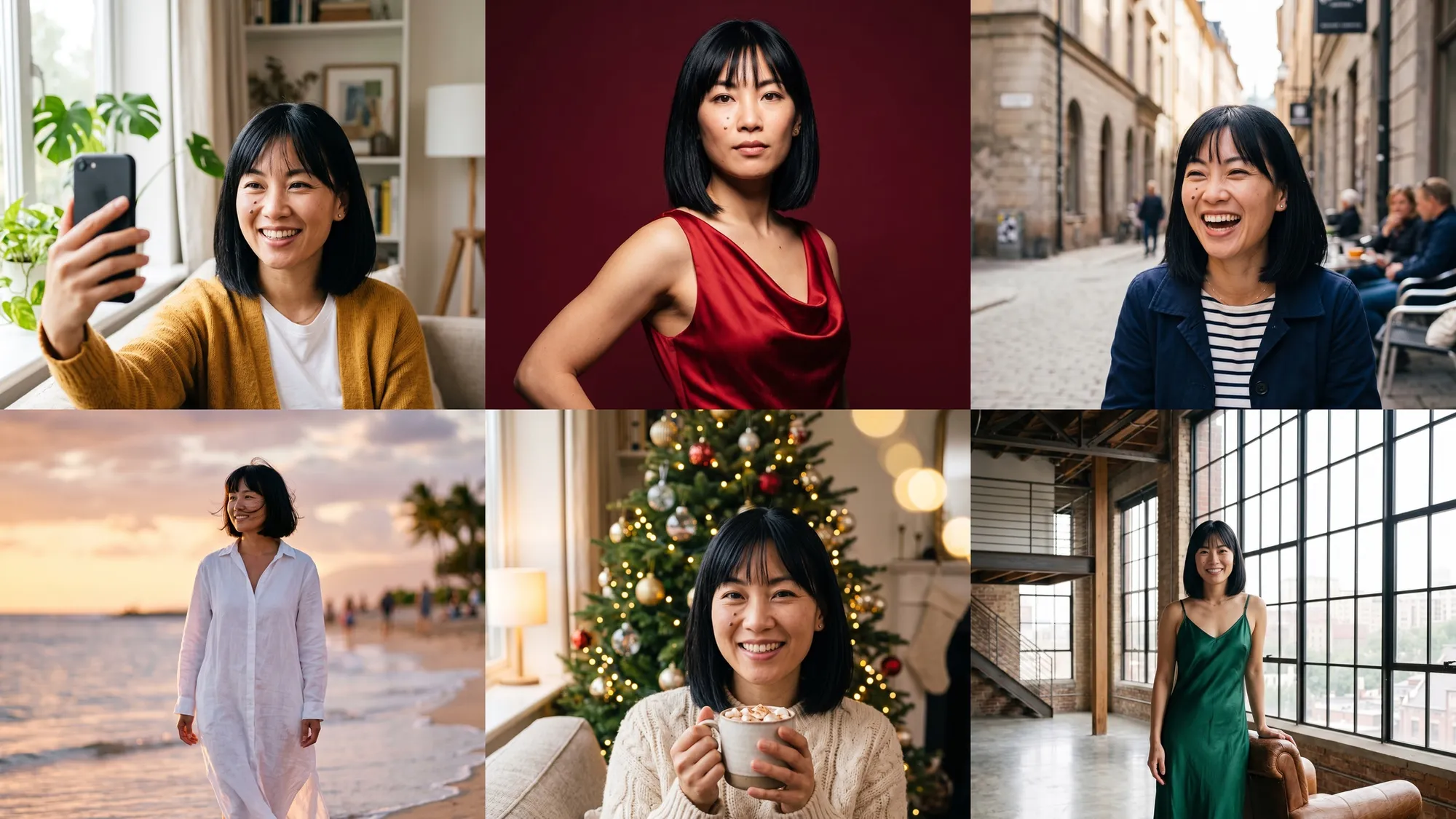 Six cadres d'une même femme au carré noir : un selfie sur un canapé, un portrait mode en robe rouge, un café, une plage au coucher du soleil, un soir de Nouvel An près du sapin, une robe verte dans un loft