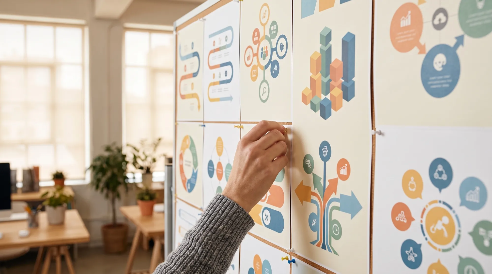 Une main épingle une affiche sur un mur couvert d'infographies faites d'icônes, de flèches, de frises et de diagrammes en barres