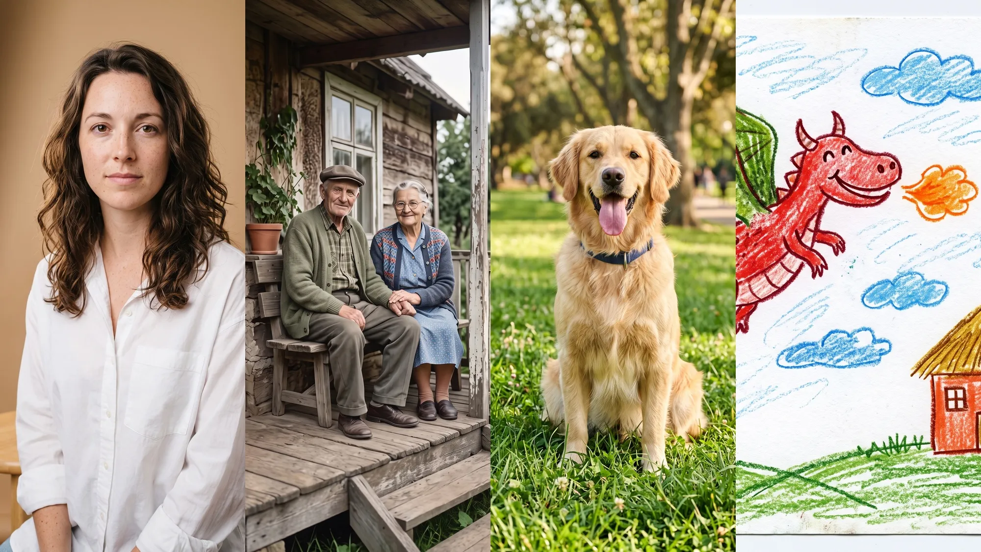 Quatre clichés à animer : portrait studio d'une femme, vieille photo d'un couple âgé sur un perron, un golden retriever dans l'herbe et un dessin d'enfant d'un dragon