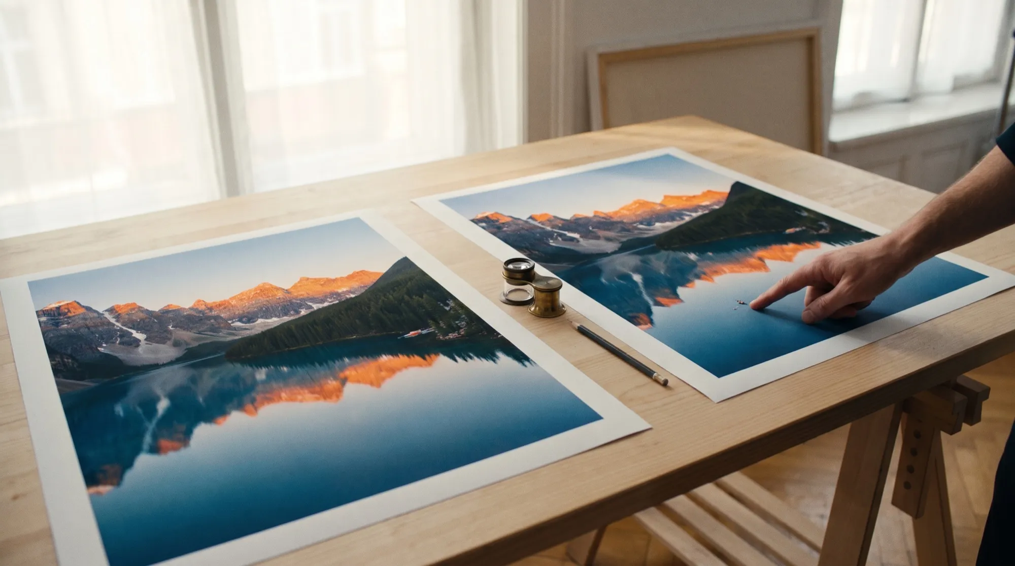 Deux tirages identiques d’un lac de montagne à l’aube sur un bureau clair, une loupe et un crayon entre eux, une main qui montre un détail