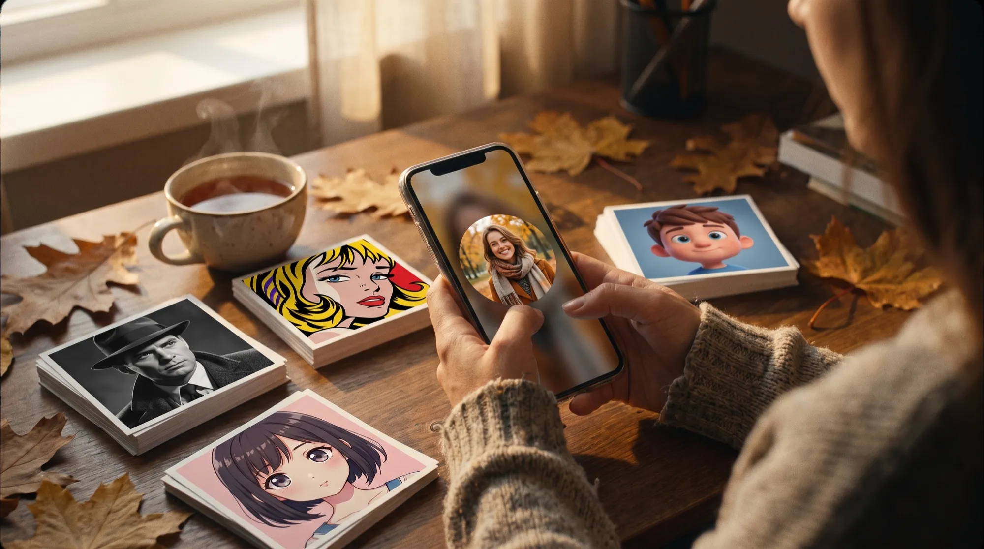 Des mains tiennent un smartphone affichant une photo de profil ronde d'une femme en automne, avec sur la table des cartes de portraits en noir, pop art, 3D et anime