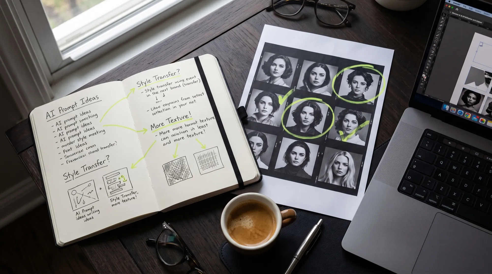 Bureau d'auteur avec un carnet de prompts, une impression de variantes de portraits et des annotations au feutre vert anis