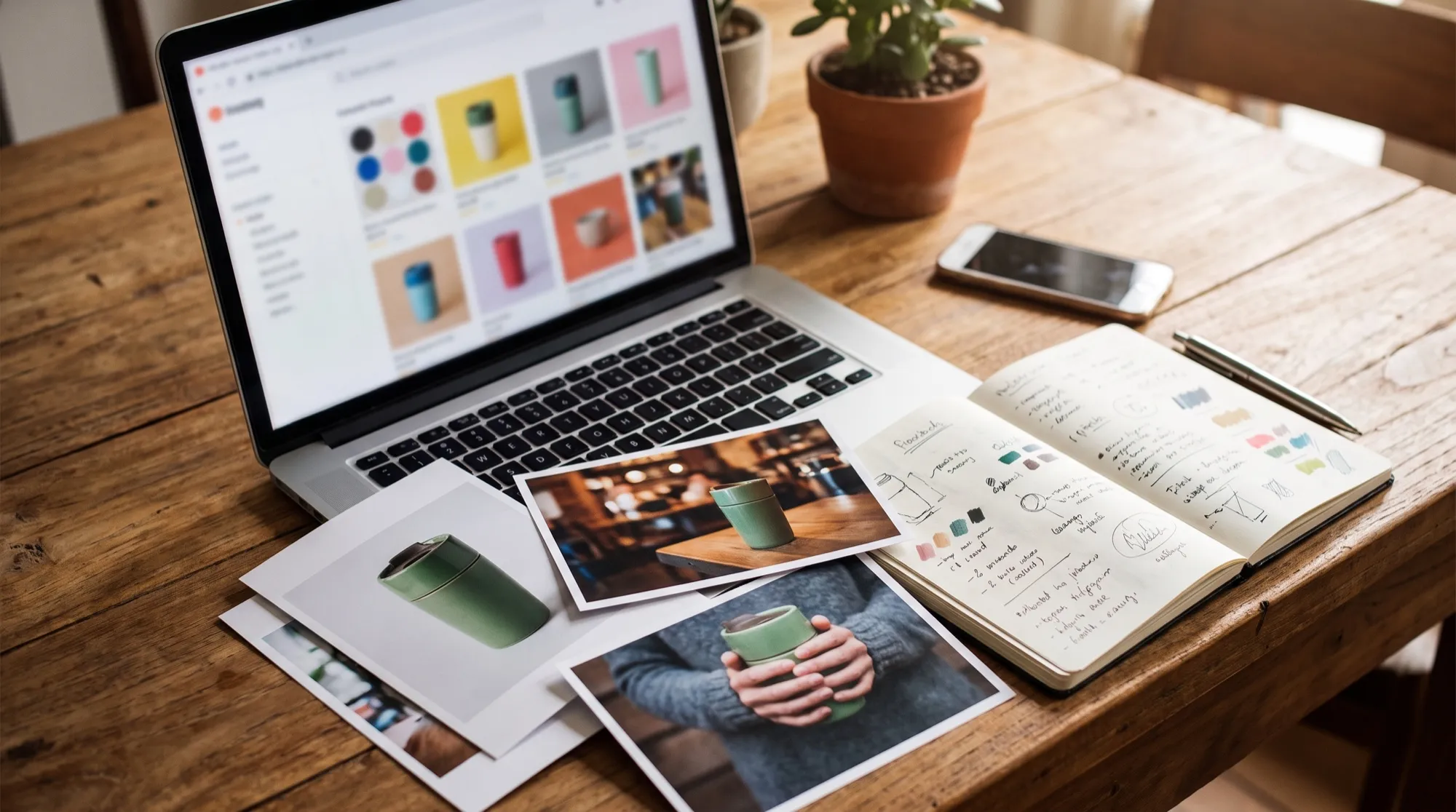 Bureau d’un vendeur : ordinateur portable affichant une grille de photos produit et tirages d’un mug isotherme vert en studio, en intérieur et en main