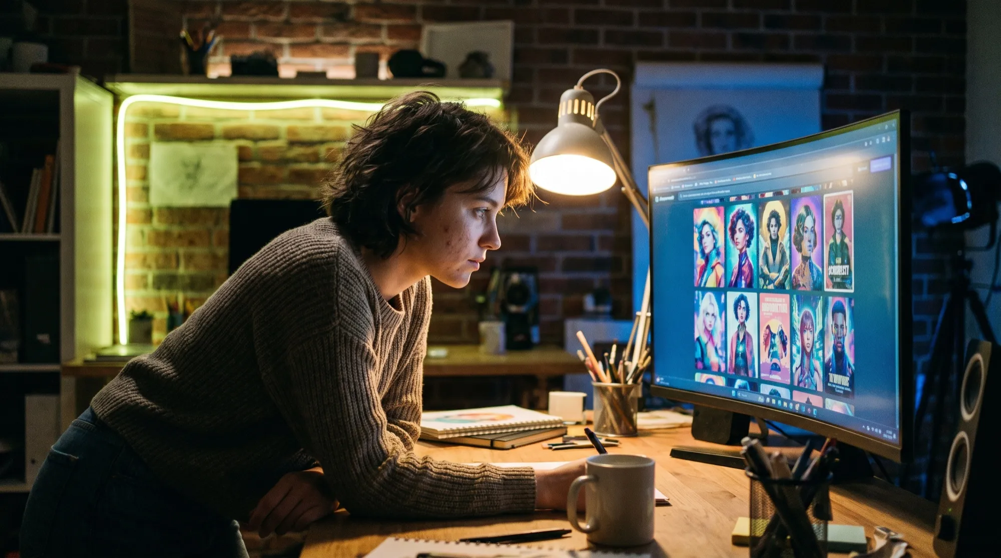 Une designer dans son studio le soir regarde à l'écran une grille de portraits et d'affiches générés