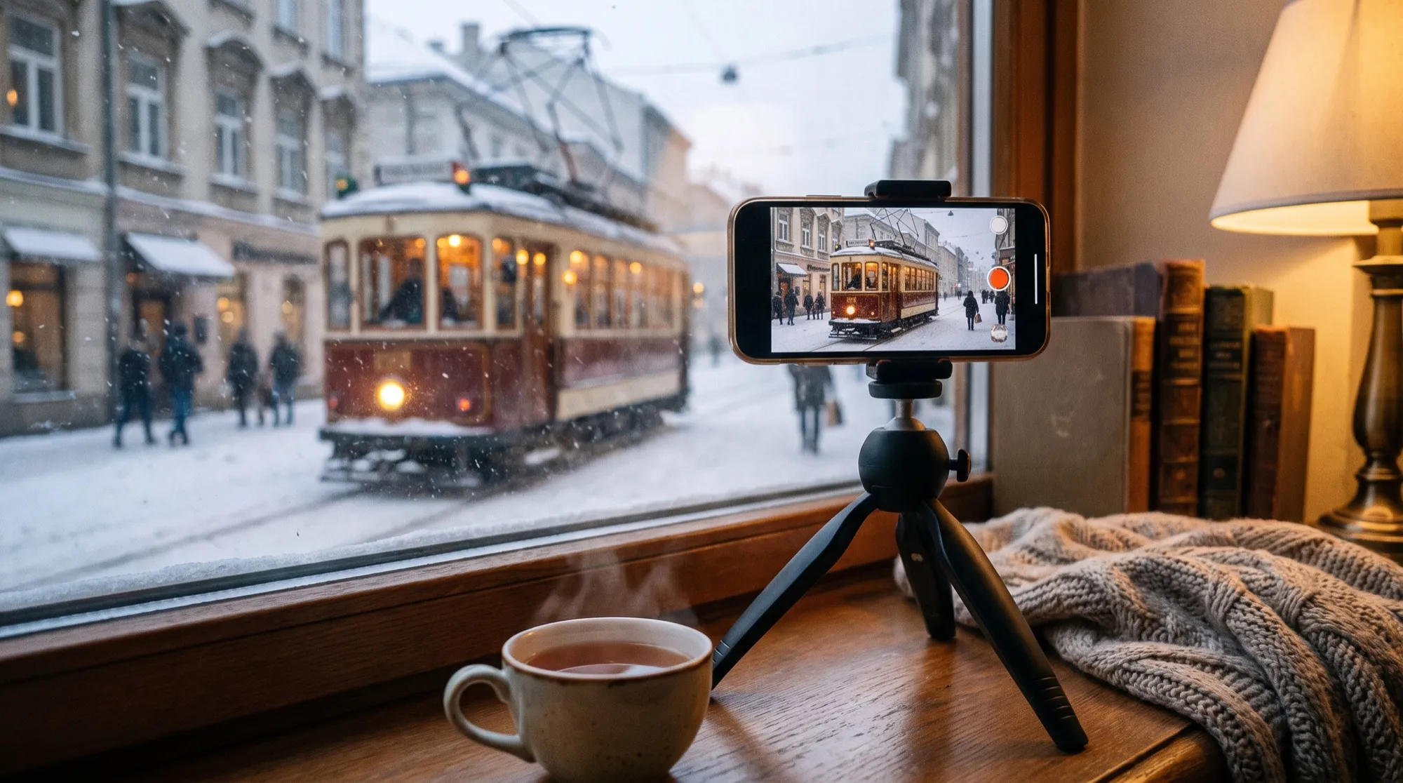 Un smartphone sur trépied posé sur un rebord de fenêtre filme une rue enneigée le soir avec un tramway, une tasse de thé à côté