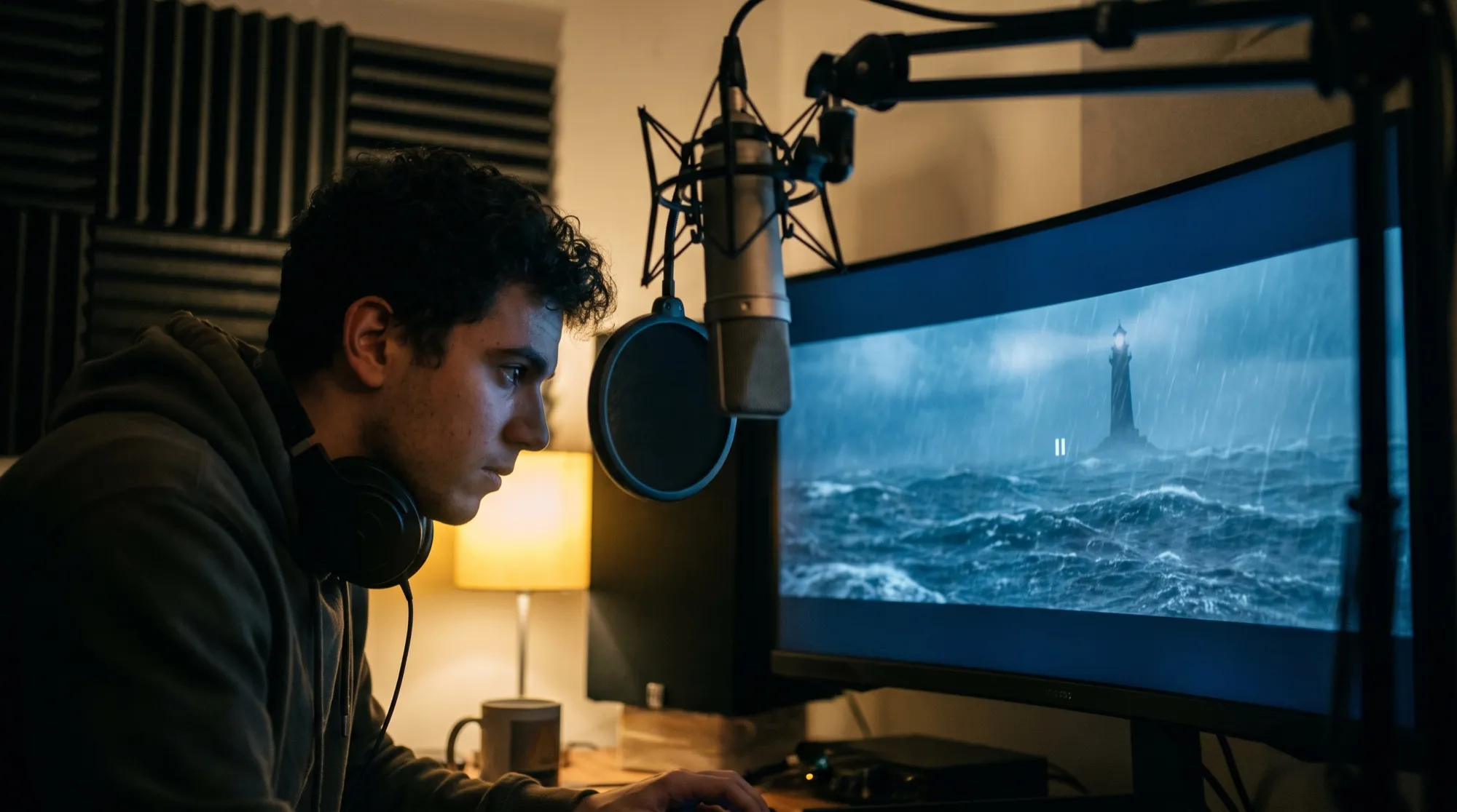 Un jeune homme avec un casque autour du cou, dans un studio chez lui la nuit, regarde un écran montrant un phare dans la tempête, un micro devant lui