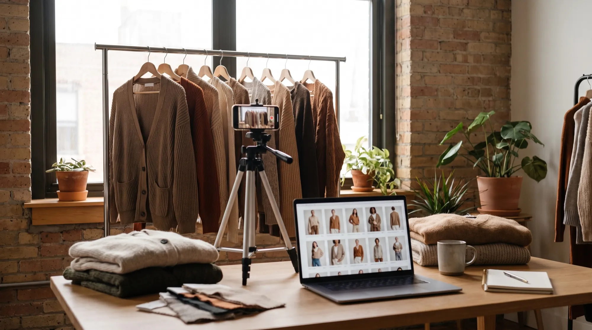Coin d'un studio de mode : un portant de pulls en maille, un smartphone sur trépied et un ordinateur portable affichant une grille de photos de mannequins en gilet