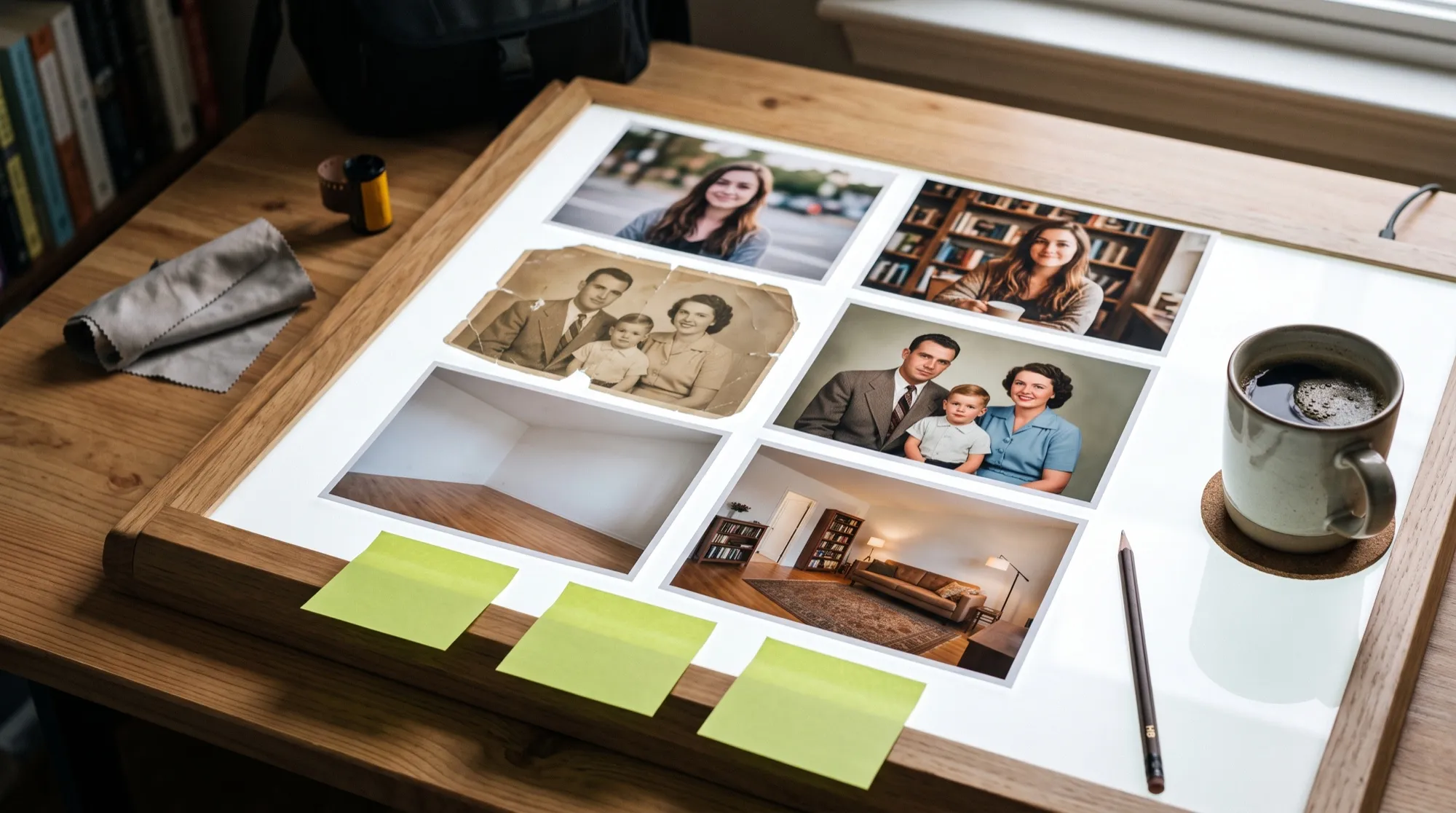 Une table lumineuse avec des paires de tirages avant et après : un portrait, une vieille photo de famille et sa restauration en couleur, une pièce vide et la même pièce meublée