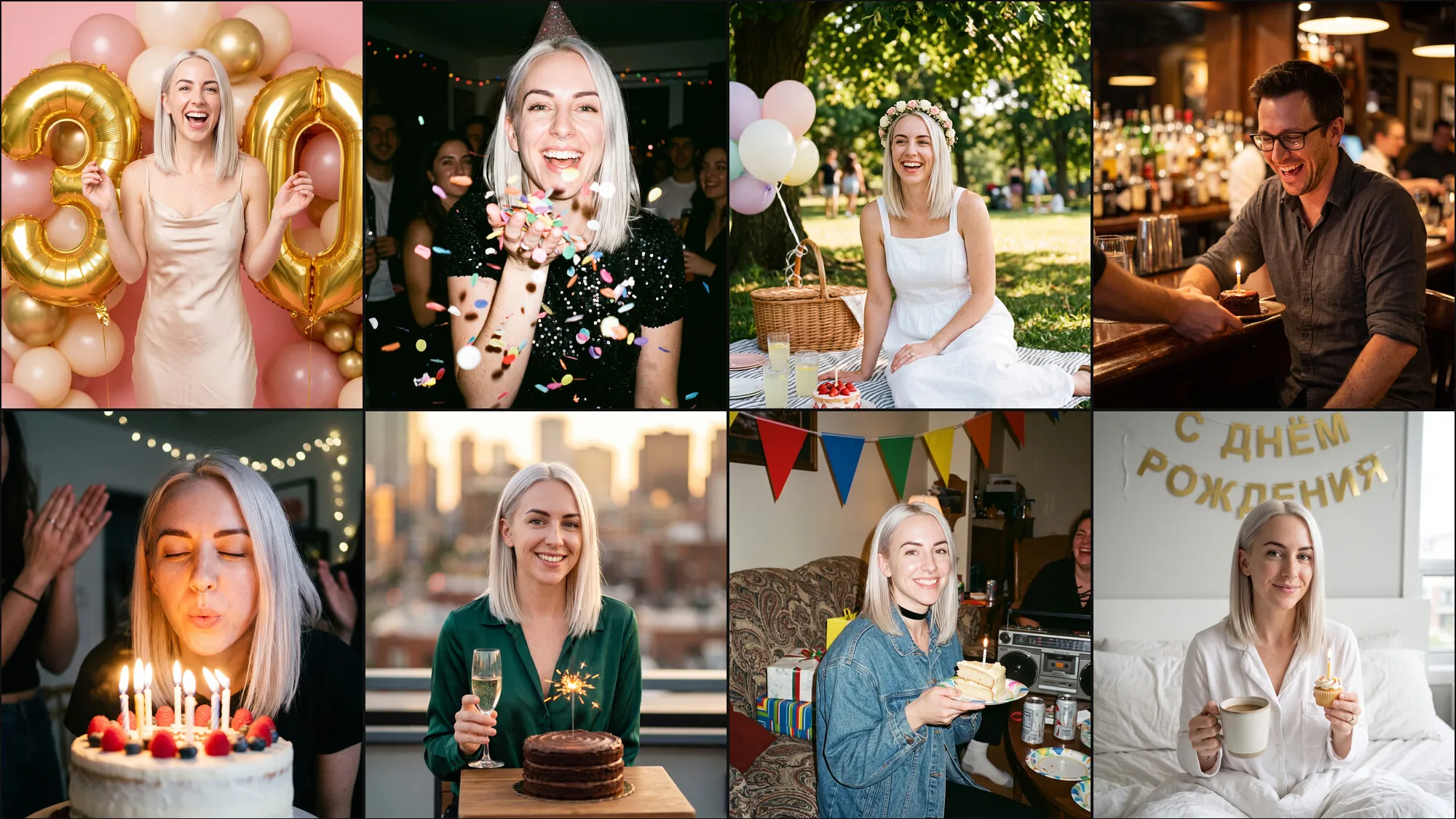 Huit photos d’anniversaire : une femme au carré platine parmi des ballons chiffres 30, soufflant des bougies, lançant des confettis, dînant sur un toit avec un cierge magique, en pique-nique avec des ballons, à une fête années 90, au lit le matin sous une banderole ; un homme à lunettes avec un gâteau au comptoir d’un bar