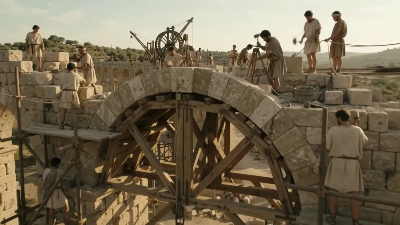 Construction d'un aqueduc romain : des ouvriers soulèvent des blocs de pierre avec une roue à tambour, des arches sur un cintrage en bois