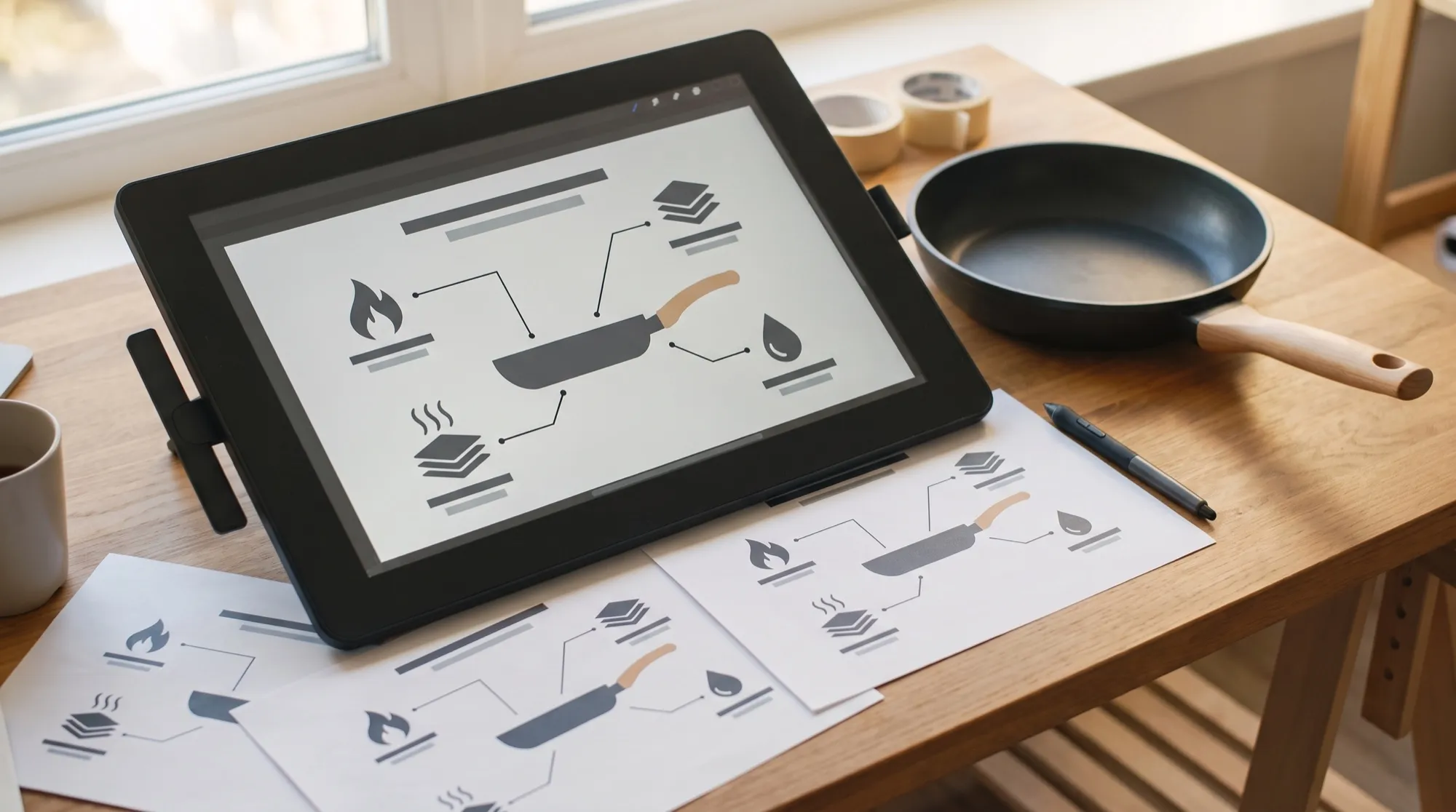 Bureau d'un graphiste : une tablette avec la maquette d'une infographie de poêle avec icônes et légendes, des visuels imprimés et une vraie poêle à manche en hêtre