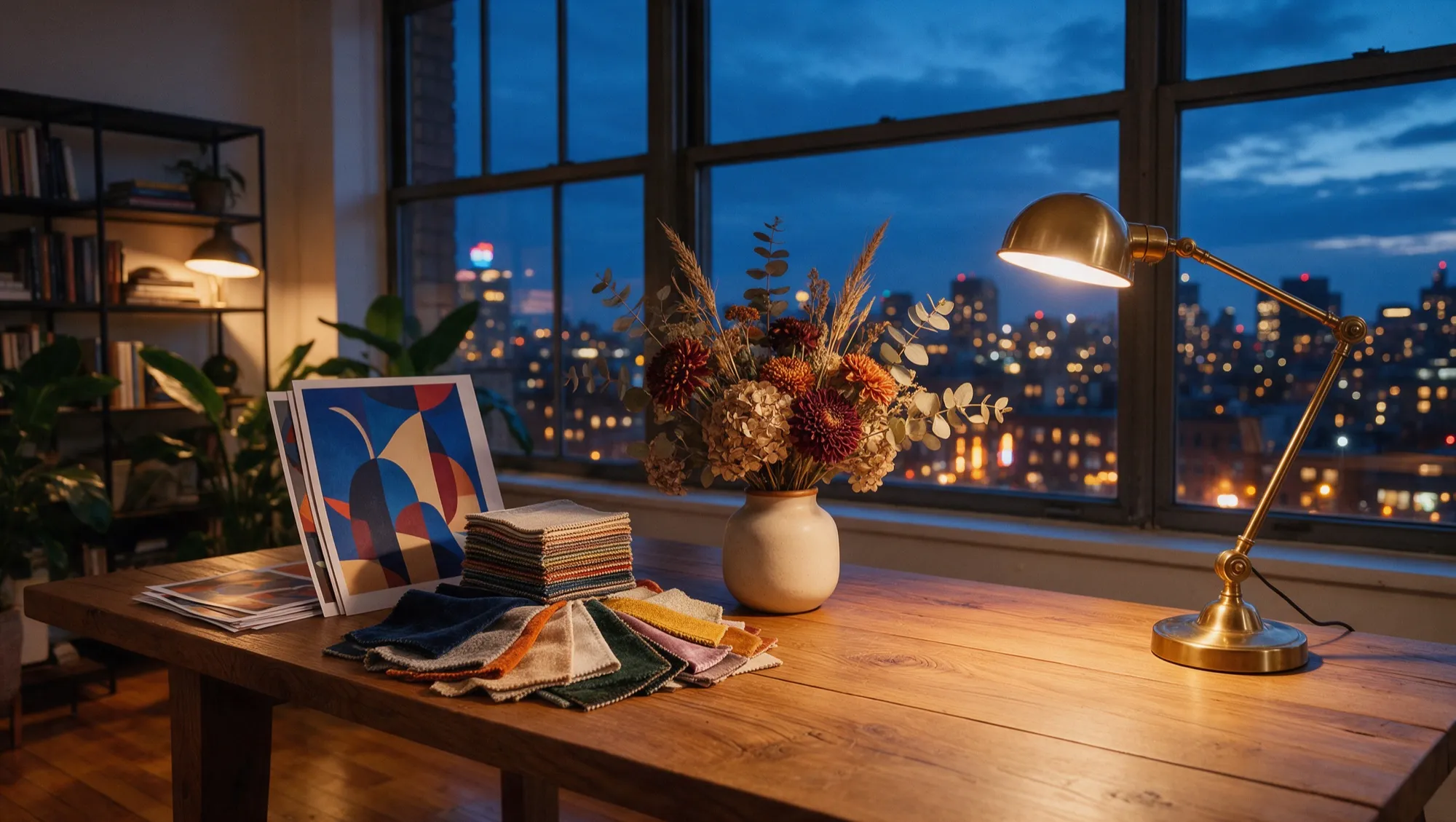 Bureau d'un studio de design le soir : affiches, échantillons de tissu, un vase de fleurs séchées et une lampe en laiton près d'une fenêtre aux lumières de la ville