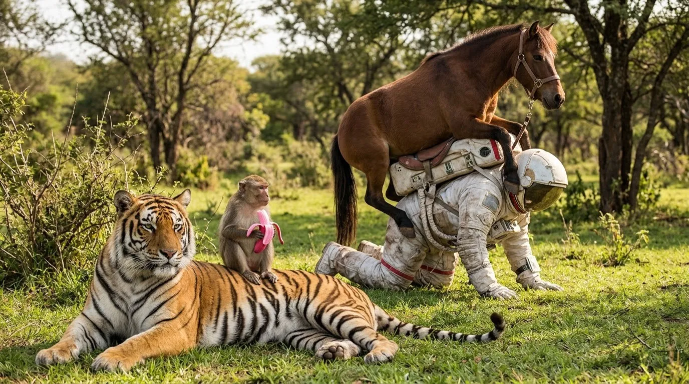 Image générée : un singe tenant une banane rose est assis sur un tigre, et à l'arrière-plan un cheval chevauche un astronaute