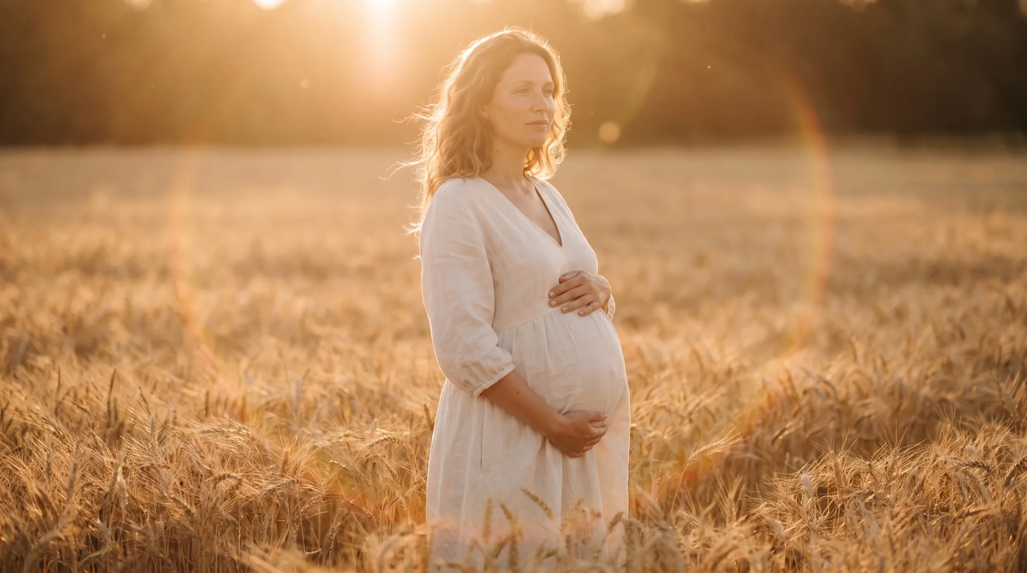 Une femme enceinte en robe de lin crème debout dans un champ de blé au coucher du soleil, les mains sur le ventre