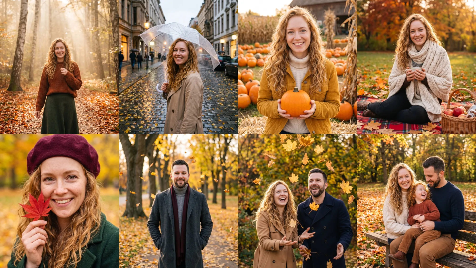 Huit cadres d'automne : une femme aux boucles rousses dans une forêt brumeuse, sous un parapluie transparent, avec une citrouille, à un pique-nique, avec une feuille d'érable, un homme en manteau dans un parc, un couple lance des feuilles, une famille sur un banc