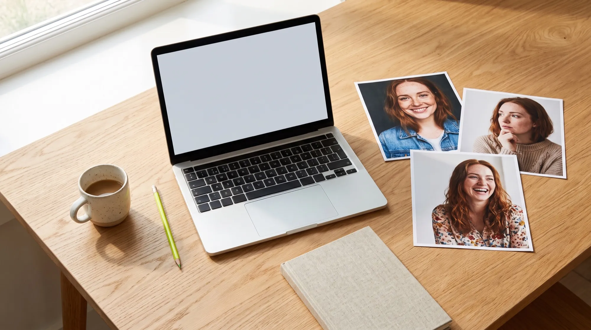 Un ordinateur portable à l'écran vide, trois portraits de la même femme, un carnet et une tasse de café sur une table en bois clair