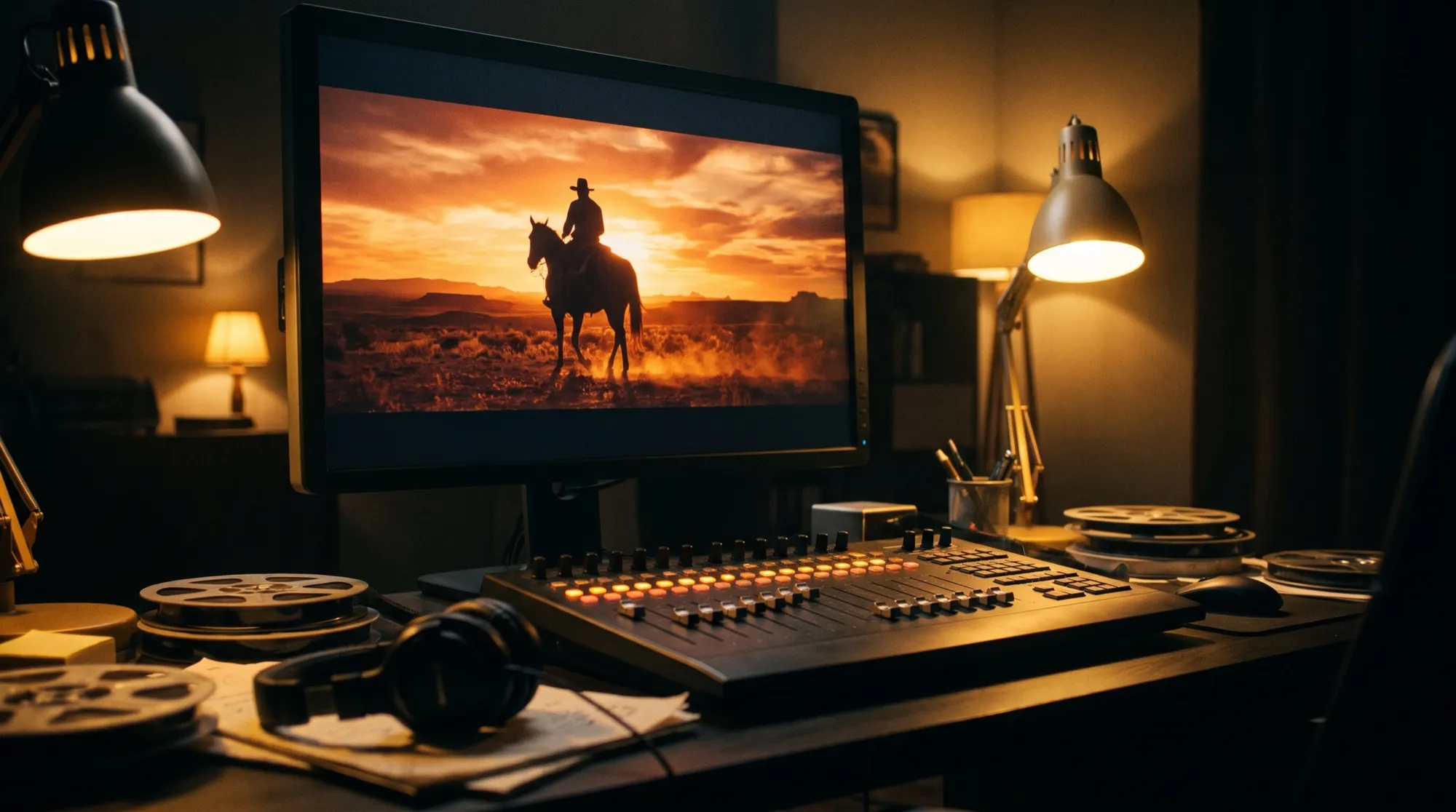Une salle de montage sombre : à l'écran, un cavalier dans le désert au coucher du soleil, à côté une console aux boutons lumineux et un casque