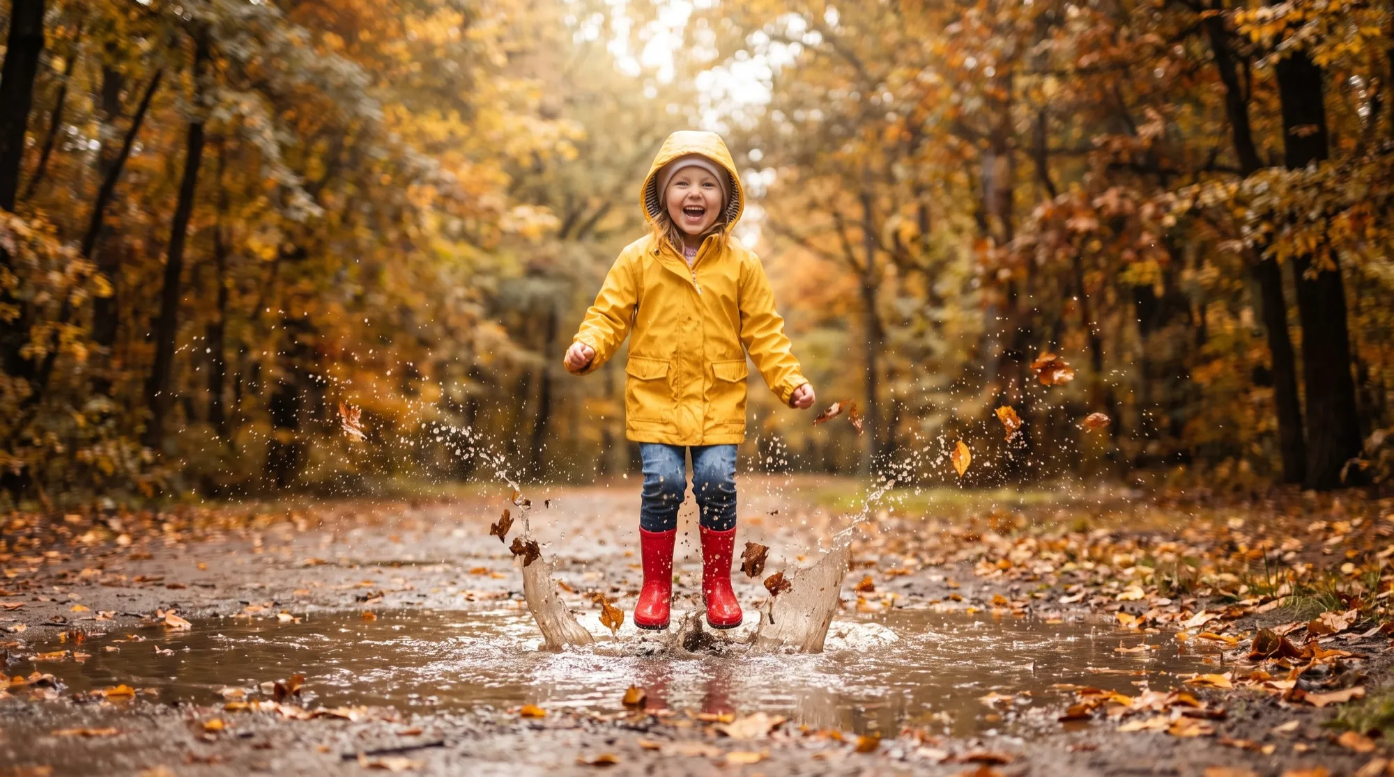 Une petite fille joyeuse en ciré jaune et bottes en caoutchouc rouges saute dans une flaque dans un parc en automne