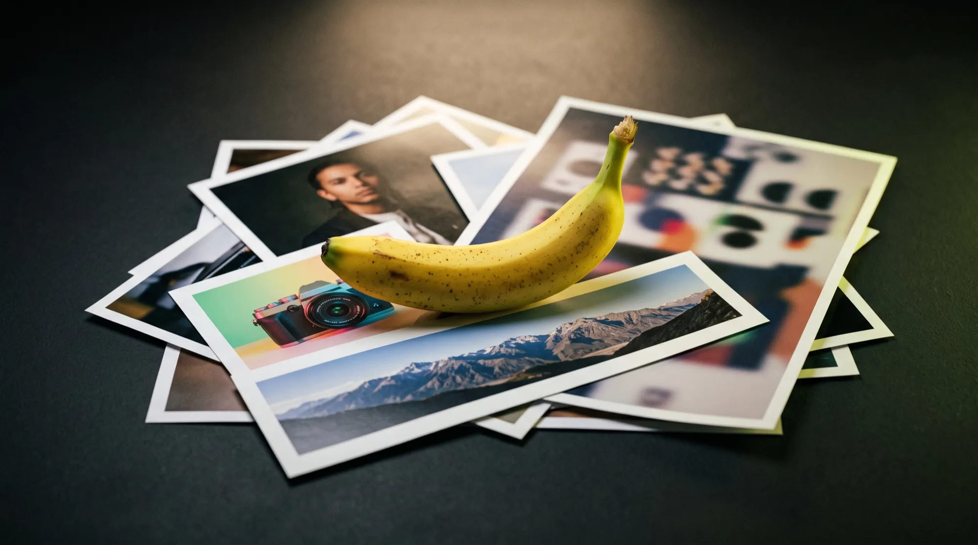 Une pile de photos imprimées sur un bureau sombre — un portrait, une photo produit, un panorama de montagne — avec une banane mûre posée dessus