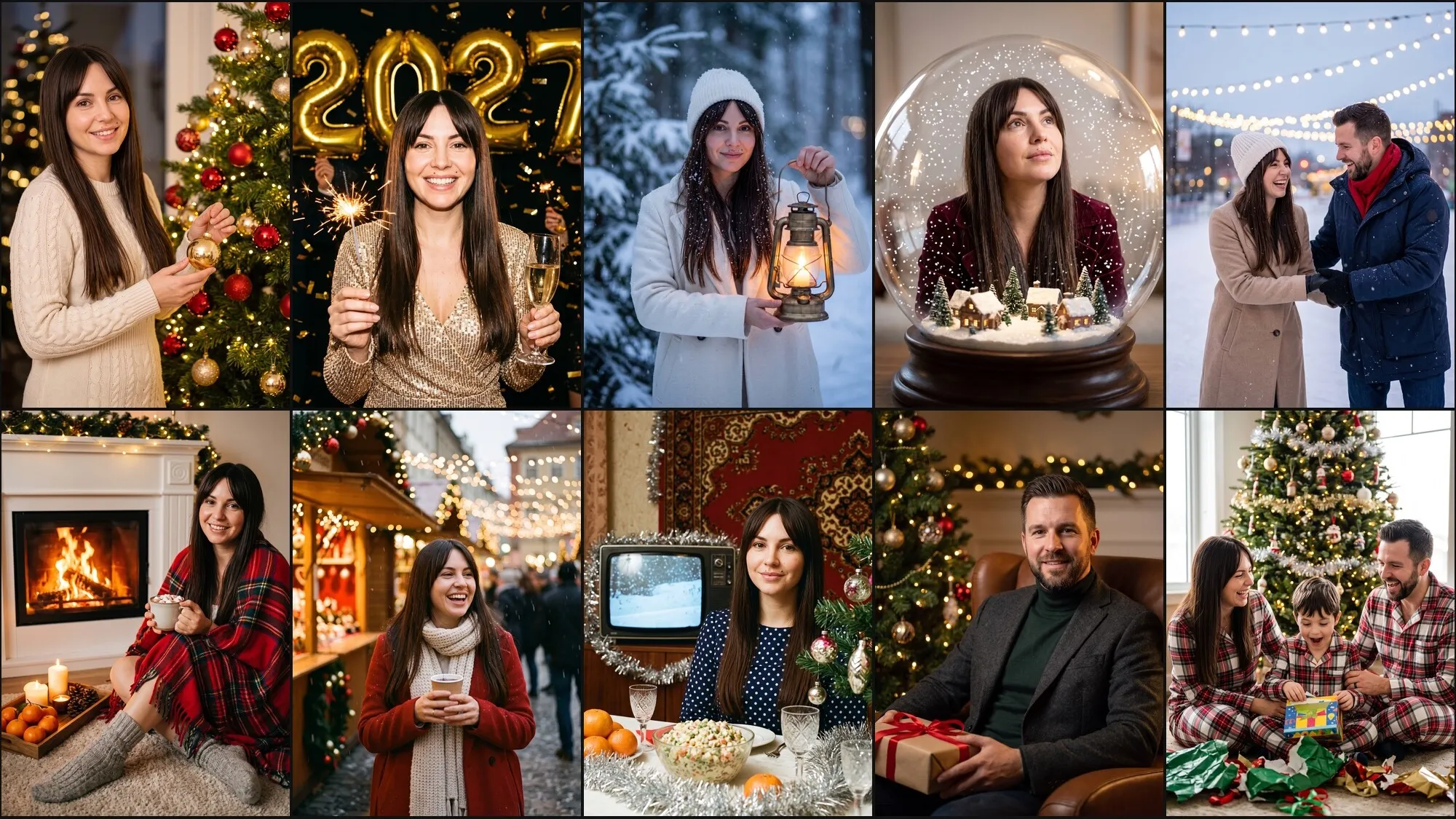 Dix photos de fêtes : une femme aux cheveux foncés avec une frange près du sapin, avec un cierge magique devant des ballons 2027, avec une lanterne dans une forêt enneigée, dans une boule à neige, près de la cheminée, sur un marché, à une table de fête rétro ; un homme avec un cadeau dans un fauteuil, un couple sur une patinoire, une famille en pyjama près du sapin