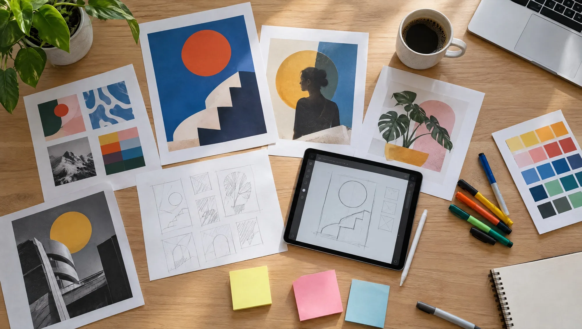 Bureau d'une agence créative vu du dessus : esquisses d'affiches, une tablette avec un dessin, feutres, stickers et café