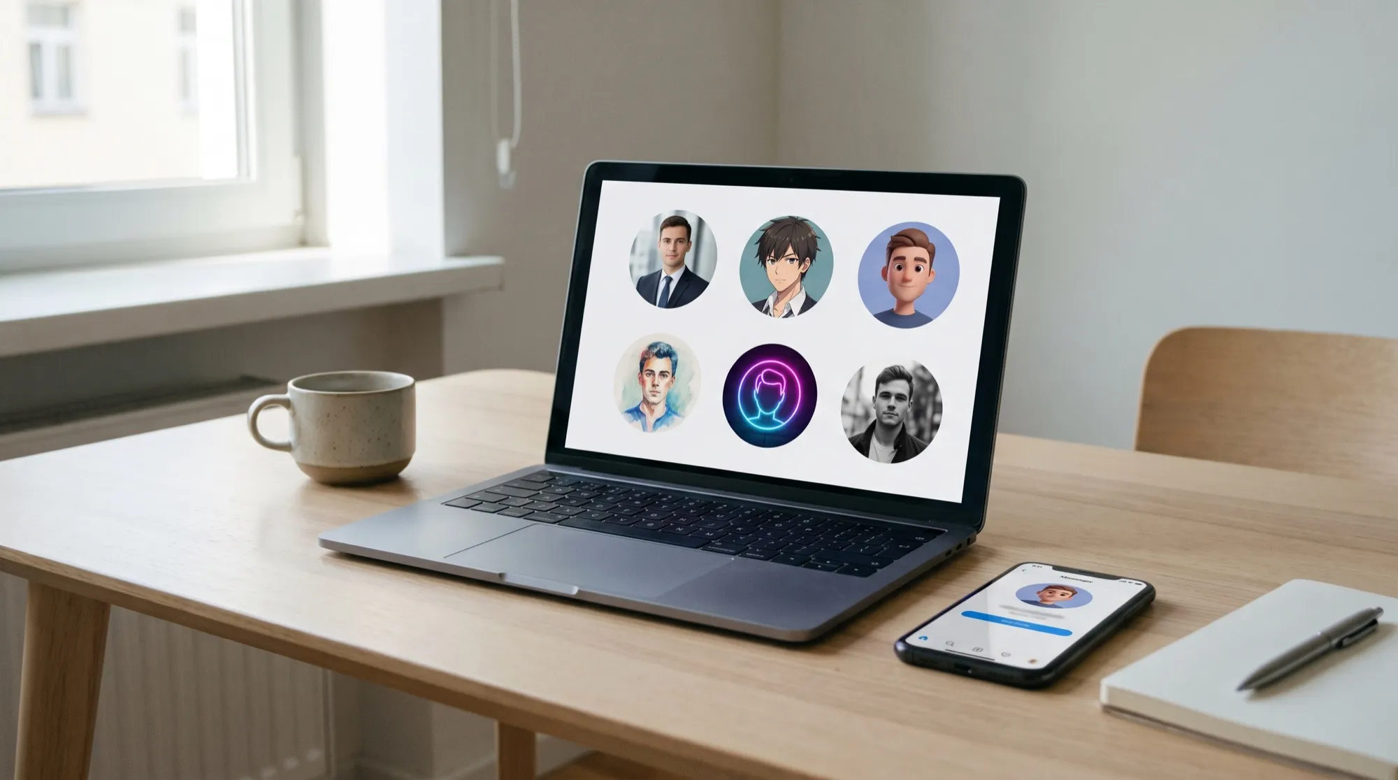 Un ordinateur portable sur un bureau affiche six avatars ronds du même homme dans différents styles, à côté d'un smartphone avec un profil de messagerie