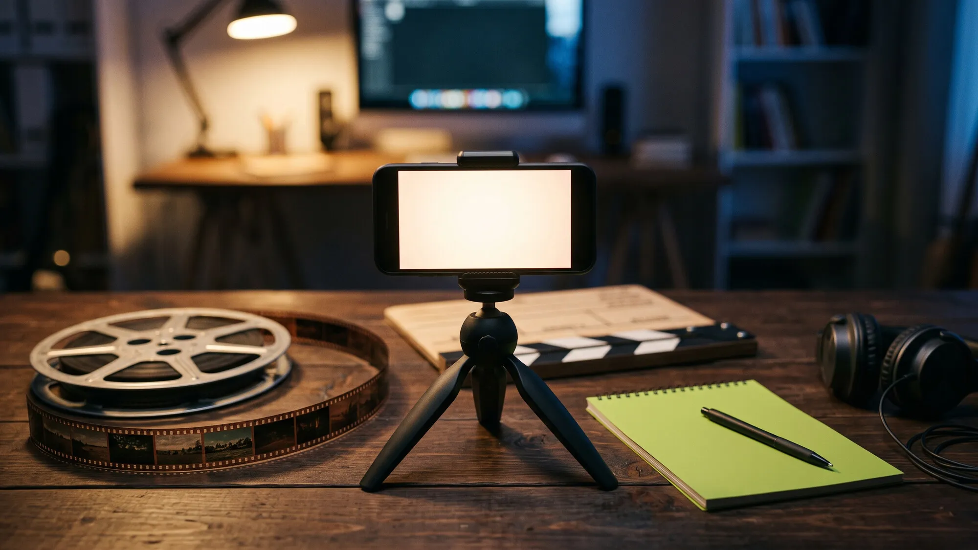 Un smartphone sur un petit trépied à l'écran allumé et vide, un clap, une bobine de film, un casque et un carnet vert anis sur une table en bois le soir