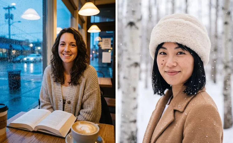 À gauche, une femme avec des taches de rousseur, un livre et un cappuccino près de la fenêtre d’un café sous la pluie ; à droite, une femme au carré noir avec un bonnet de fourrure sous la neige