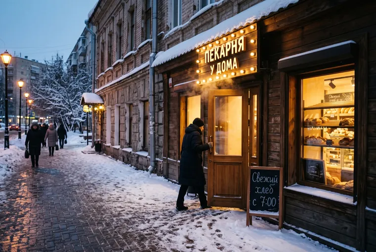 Une rue enneigée le soir avec une boulangerie : une enseigne lumineuse « ПЕКАРНЯ У ДОМА » et une ardoise « Свежий хлеб с 7:00 » près de la porte