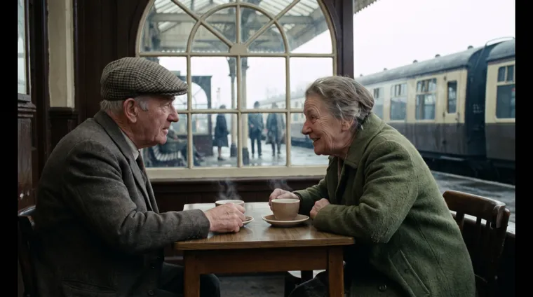 Un homme âgé en casquette de tweed et une femme en manteau vert conversent à une table dans le café d’une gare, avec le quai et un train derrière la fenêtre