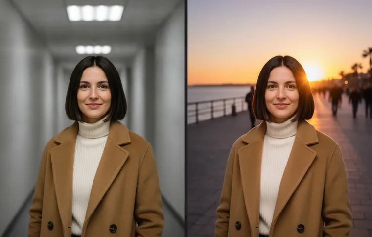 Femme en manteau beige : à gauche dans un couloir de bureau, à droite sur une promenade en bord de mer au coucher du soleil