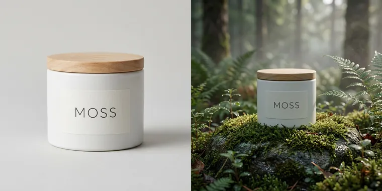 Le pot de crème MOSS : à gauche sur un fond gris de studio, à droite sur une pierre moussue dans une forêt brumeuse