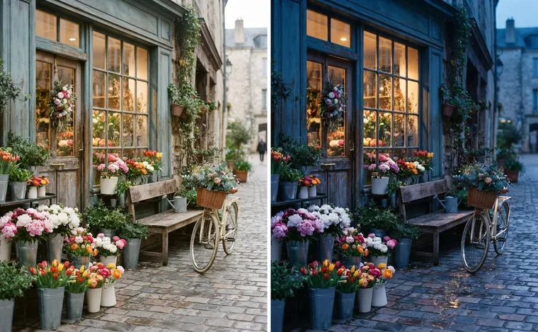 Une boutique de fleurs avec des seaux de tulipes, un banc et un vélo : à gauche en journée, à droite la même vue par une soirée pluvieuse, avec des reflets sur les pavés mouillés