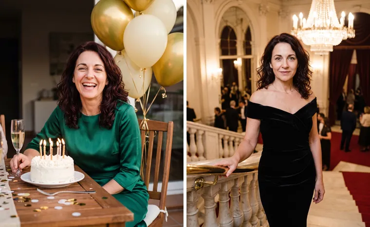 À gauche, une femme en robe émeraude rit à table avec un gâteau et des bougies, des ballons dorés derrière ; à droite, la même en robe de velours noir sur l’escalier de marbre d’un théâtre