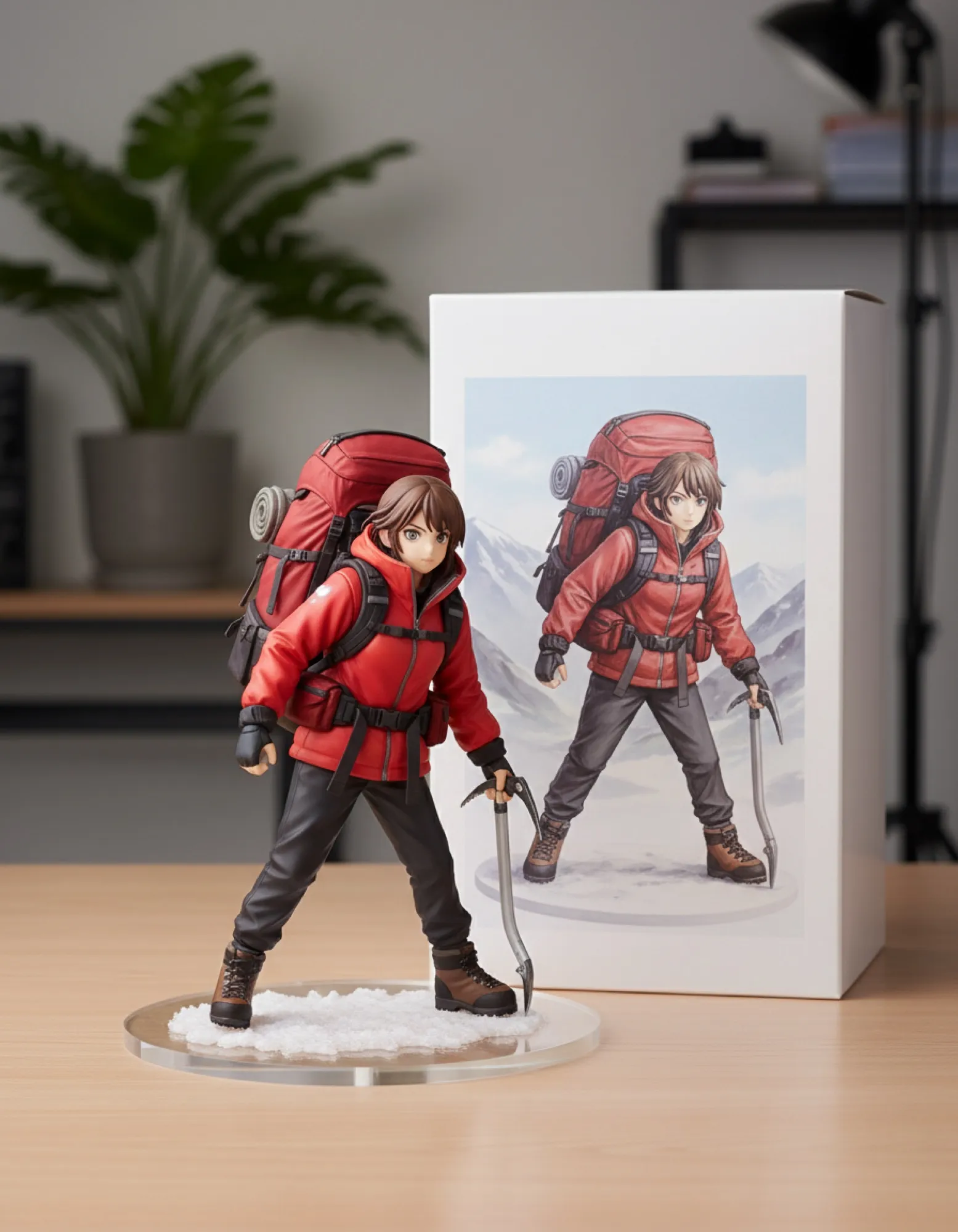 Figurine de collection d'une alpiniste au sac à dos rouge à côté d'une boîte illustrée
