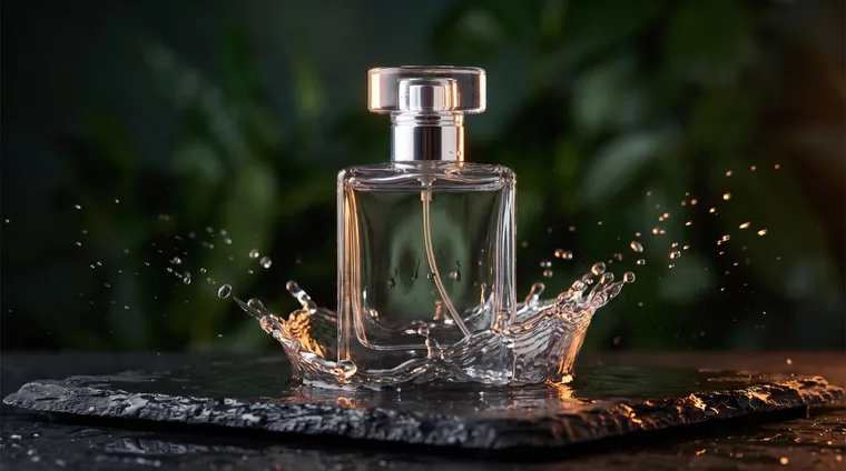 Un flacon en verre sans étiquette sur une pierre sombre mouillée, des éclaboussures d’eau figées autour, un feuillage flou à l’arrière-plan