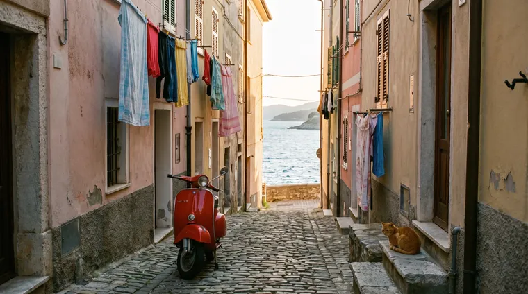 Un scooter rouge dans une ruelle pavée étroite d’une ville côtière, du linge entre des maisons pastel, un chat roux sur une marche et la mer au bout de la rue