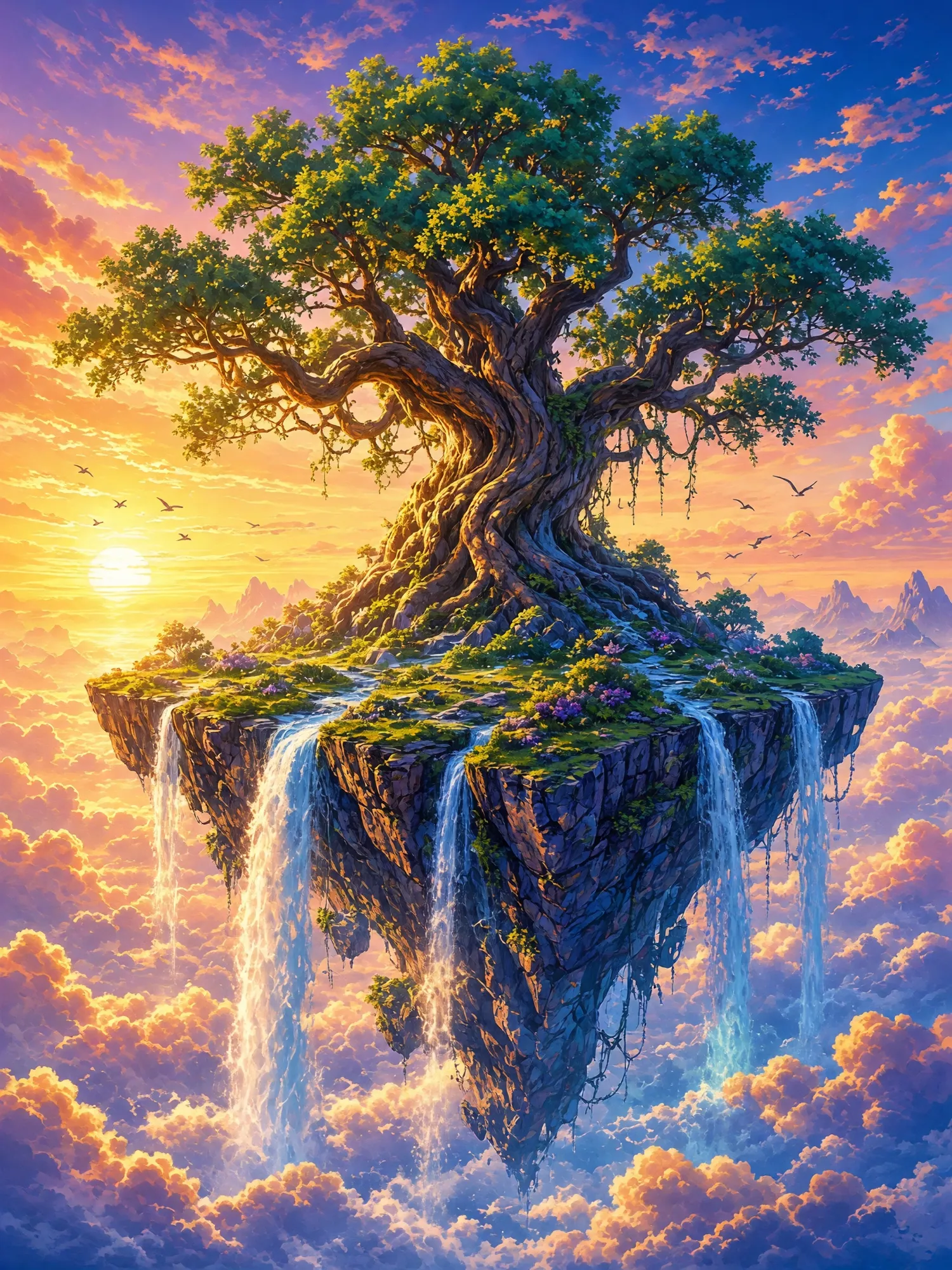 Un arbre géant sur une île flottante au-dessus des nuages à l'aube, des cascades tombant de ses bords