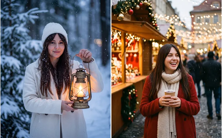 À gauche, une femme en manteau et bonnet blancs avec une lanterne allumée dans une forêt enneigée ; à droite, la même femme en manteau rouge avec du vin chaud sur un marché du soir sous les guirlandes
