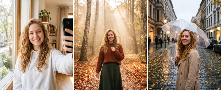 À gauche, le selfie d’origine d’une femme aux boucles rousses près d’une fenêtre ; au centre, la même dans une forêt brumeuse ; à droite, sous un parapluie transparent dans une rue mouillée
