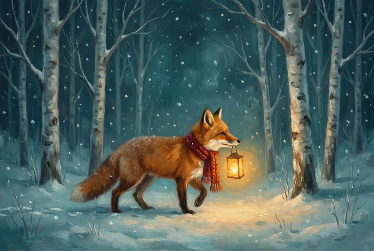 Un renard roux en écharpe tricotée traverse une forêt de bouleaux enneigée, une lanterne allumée dans la gueule, façon peinture à l’huile