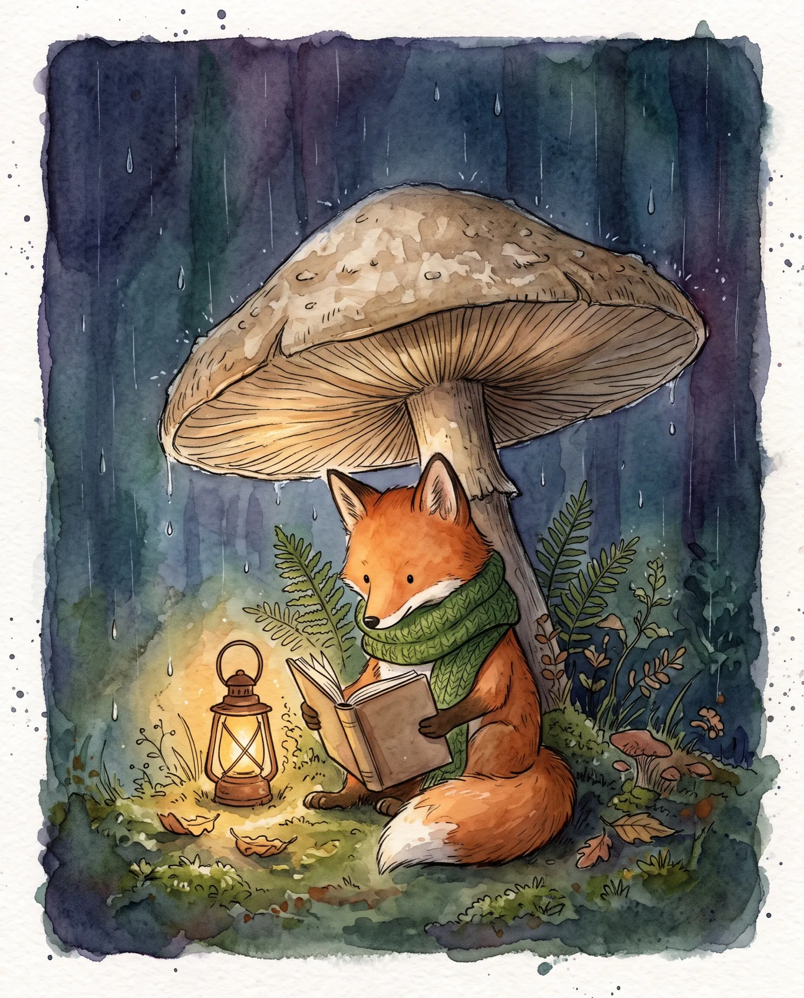 Aquarelle : un renard en écharpe verte lit un livre sous un grand champignon sous la pluie, une lanterne à côté