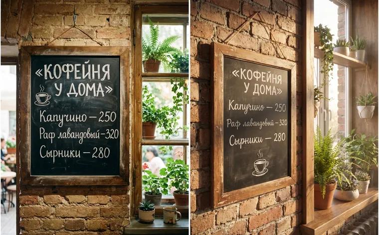 À gauche, l’ardoise-menu d’un café avec trois articles générée en 1K ; à droite, la même ardoise en 2K, avec une lumière plus chaude et une texture de brique plus nette