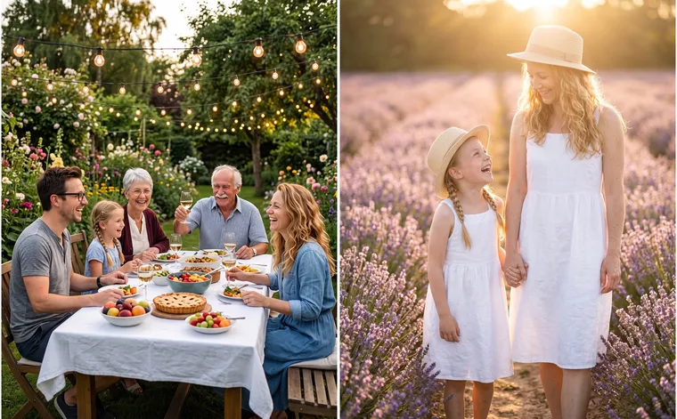 À gauche, un dîner de trois générations à une longue table dans un jardin sous des guirlandes, le grand-père à la moustache blanche lève son verre ; à droite, mère et fille en robes blanches et chapeaux assortis dans un champ de lavande