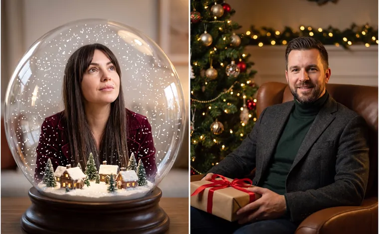 À gauche, une femme en manteau de velours bordeaux dans une boule à neige avec un village miniature ; à droite, un homme barbu en col roulé vert et blazer avec un cadeau dans un fauteuil près du sapin
